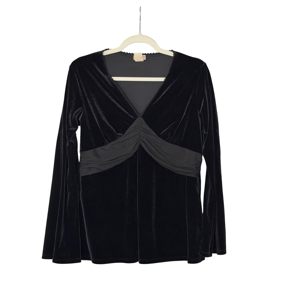VTG Nexxen Women's L Y2K Black Scallop Trim Velvet Long Sleeve Blouse | SKU 1121